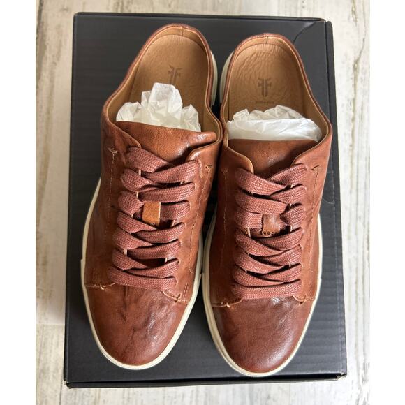 Frye Women's 7 cognac brown Ivy Low Lace Mule Leather lace up sneaker shoe new - Picture 2 of 9